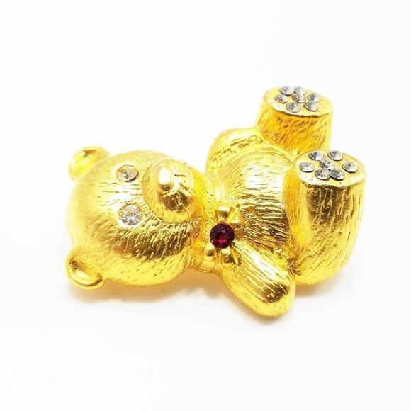 Gold Tone Teddy Bear Brooch Rhinestones Red Bow Vintage Figural Pin - Picture 9 of 10